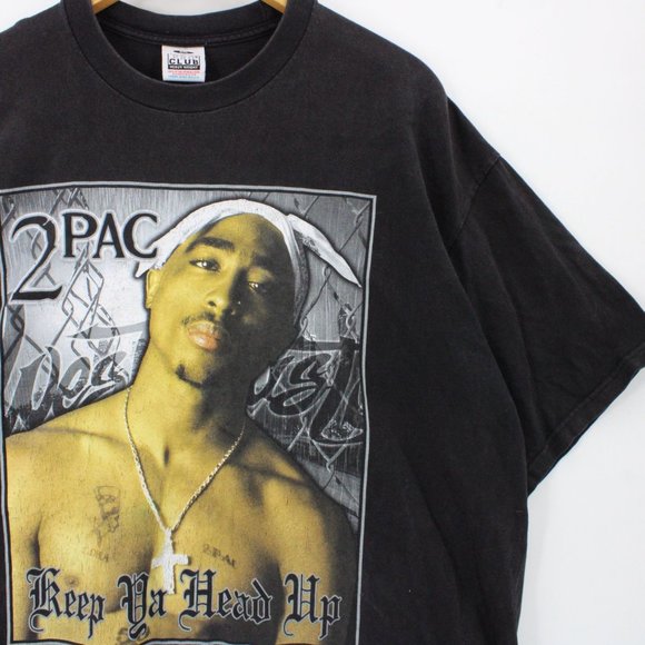 Vintage Pro Club Shirt Mens Black Short Sleeve Heavyweight 2PAC Keep Ya Head Up - Picture 2 of 9